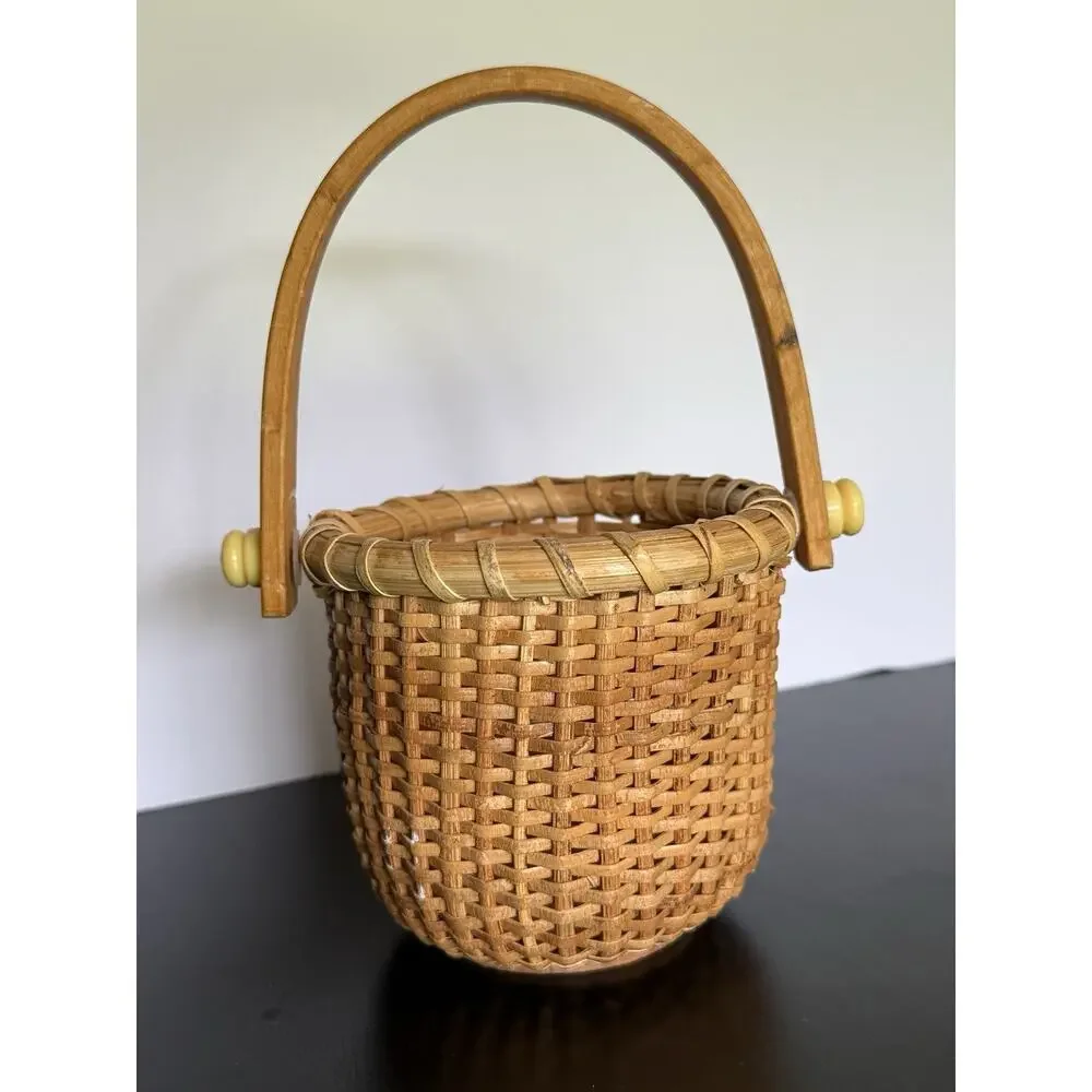 Nantucket Style Mini Swing Handle Basket Woven Wood Base Coastal Decor 3.57”H